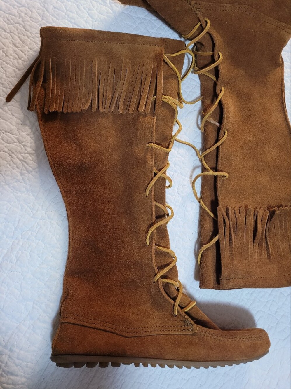 Minnetonka Fringe Front Lace Lace-Up Suede Knee-High Boots Brown Sz 9 - Picture 4 of 13